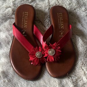Italian Shoemakers Red Sandals with Floral Detail